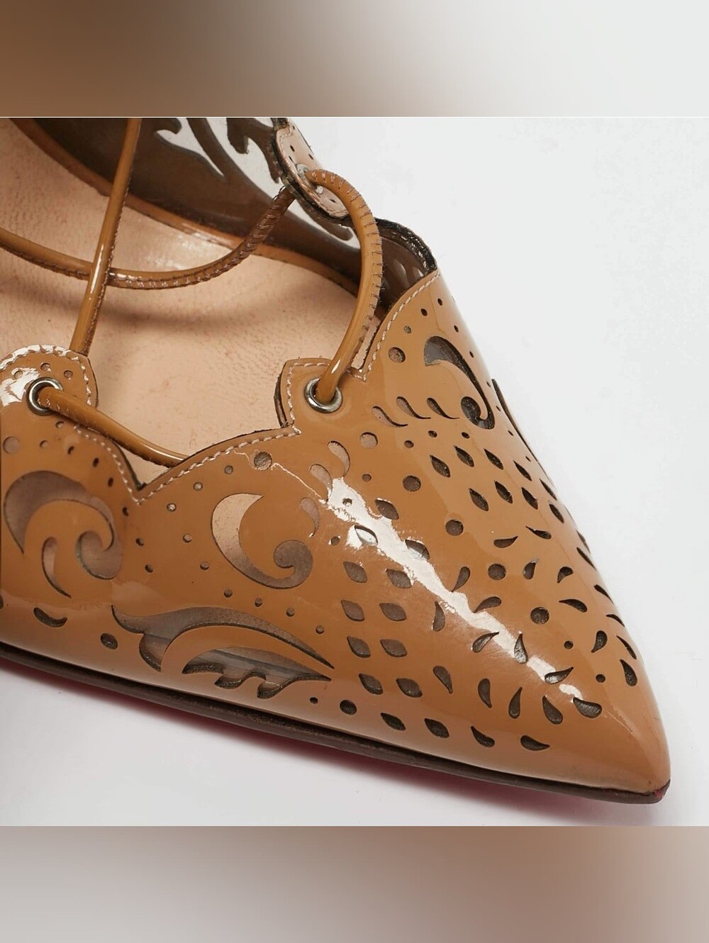 Christian Louboutin Tan Laser-Cut Lace-Up Patent Pointed-Toe Pumps - Picture 7 of 9